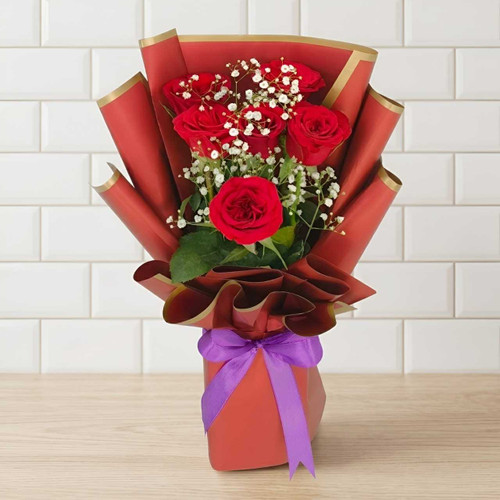 Half Dozen Red Roses Bouquet with Gypsy Flowers SK-2637