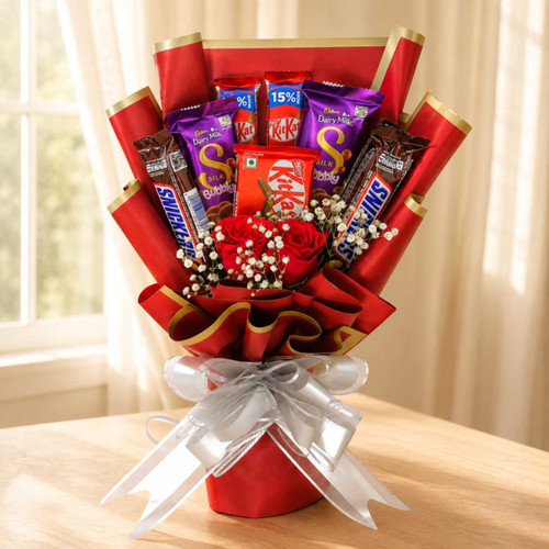 Romantic Chocolate Bouquet with Fresh Red Roses SK-2646