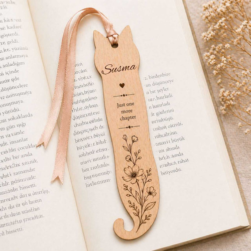 Cute Cat Design Floral & Name Engraving Wooden Bookmark JNK-7083