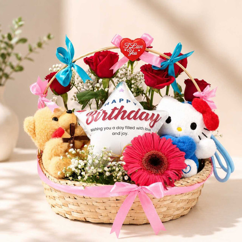 Birthday Gift Basket with Flowers & Keychains JNK-7094