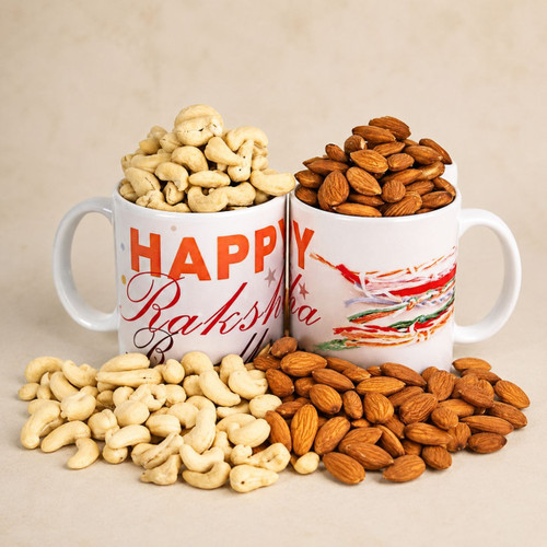 Cashews Almonds Dry Nuts in Happy Raksha Bandhan Mugs