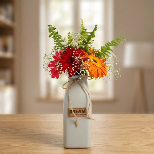 Colorful Gerbera Bouquet in Vase with Fresh Gypsy Accent SK-2667