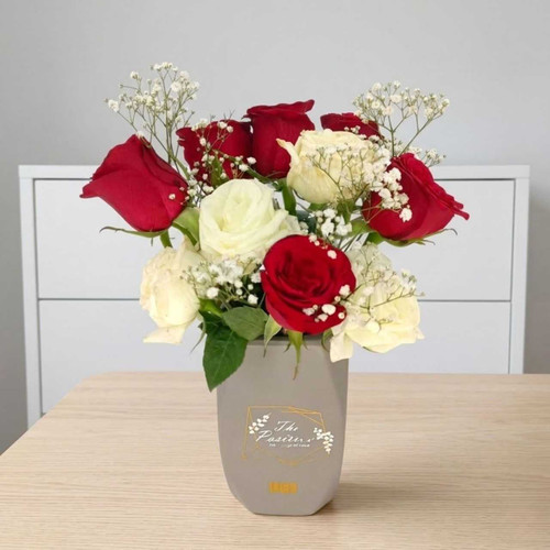 Fresh Red, White Roses & Gypsy With Ceramic Flower Vase DKG-729