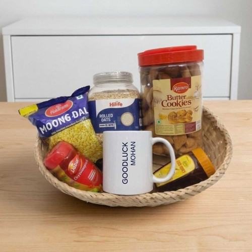 Snacks Gift Basket with Personalized Good Luck Mug JNK-7178