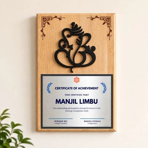 Lord Ganesh Cutout & Certificate of Achievement Wooden Board- A3 Size