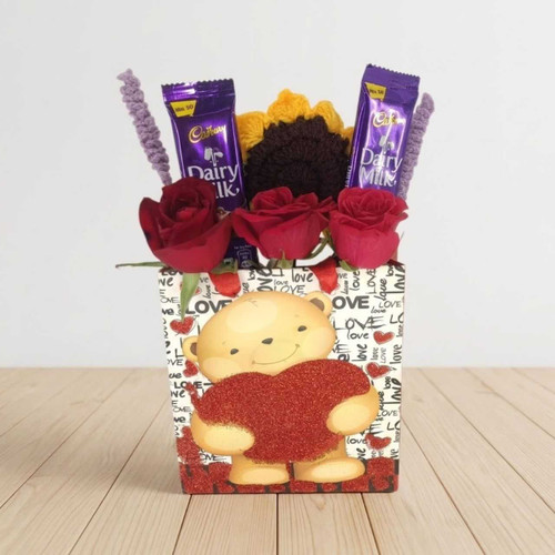 Red Roses with Crochet Flowers & Chocolates In Bag SK-2760
