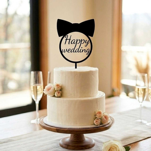 Black Acrylic Happy Wedding Cake Topper with Bow SK-2783
