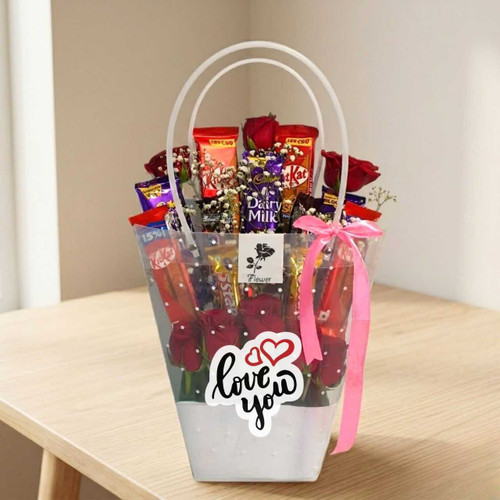 Delightful Chocolate Bars with Fresh Roses Gift Bag SK-2786