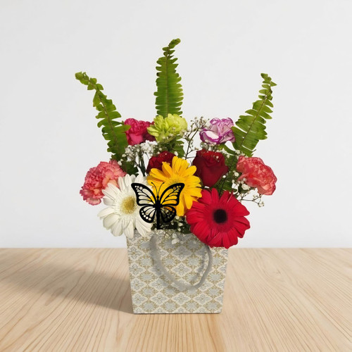 Mixed Fresh Gerbera, Roses & Carnation Bouquet in Gift Bag