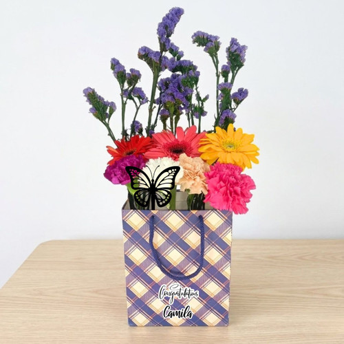 Fresh Gerbera & Carnation with Dried Purple Gypsy In Gift Bag