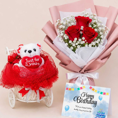 Teddy Bear Cycle Trolley with Red Roses Gift Set DKG-778