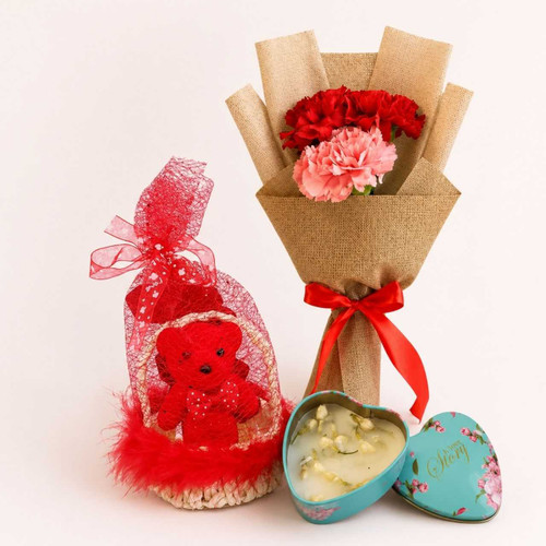 Love Story Candle with Mixed Carnation & Teddy Basket Set DKG-779