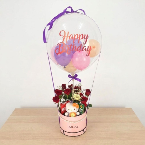 Birthday Surprise Gift Box with Red Roses, Hello Kitty Keychain &  Bobo Balloon