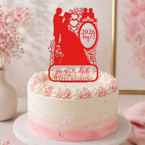 Custom Wedding Name & Date Red Acrylic Cake Topper SK-2805