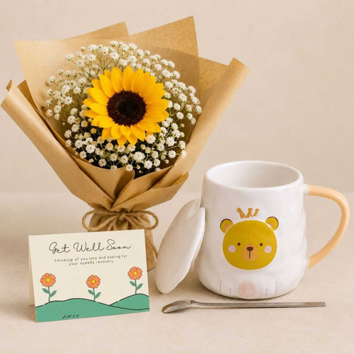 Get Well Soon Combo Gift – Mug, Card & Fresh Sunflower Bouquet SK-2821