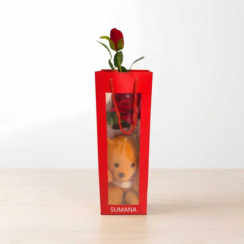 Personalized Name Printed Bag with Artificial Rose & Teddy JNK-7231