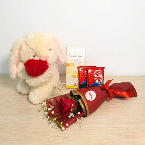 Adorable Bunny & Chocolates with Rose Bouquet Combo JNK-7235