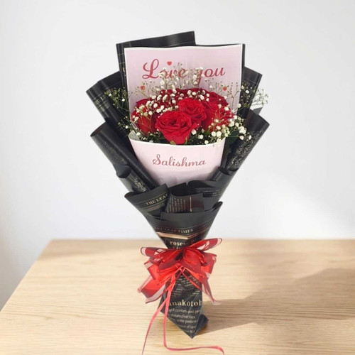 10 Red Rose Bouquet with Love You Card & Personalized Name Print JNK-7236