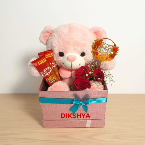 Personalized Birthday Gift Box with Teddy, Roses, Chocolates & Topper SK-2840