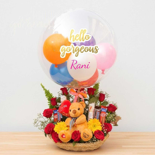 personalised Bobo Balloon Gift Hamper with Flowers, Teddy & Chocolates SK-2844