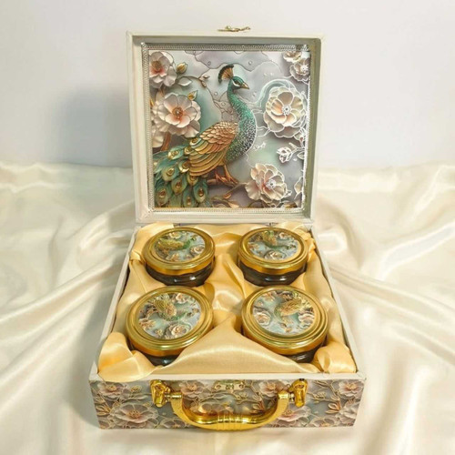 Mayur & Floral Design Handle Lock Box with 4 Glass Jar Set PKG-BX-47