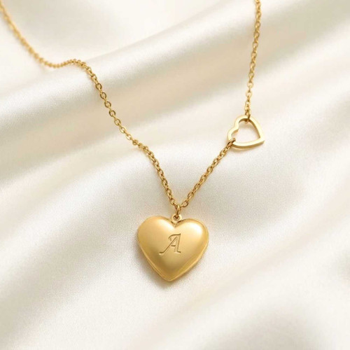 Custom Initial Letter Engraved On Double Heart Necklace SK-2853