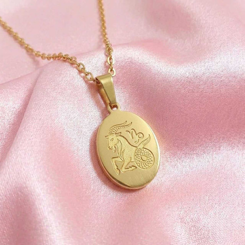 Custom Stainless Steel Zodiac Sign Oval Necklace with Rose Design SK-2854