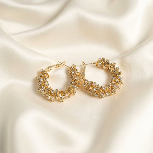 Chunky Crystal Hoop Earrings in Gold Finish