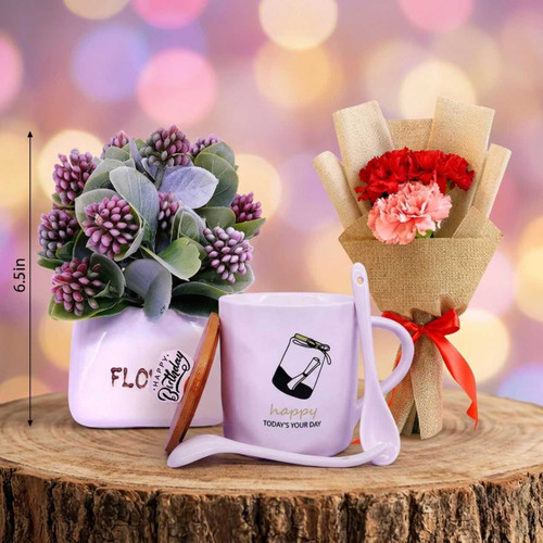 Elegant Floral Gift Hamper with Pink Plant and Birthday Mug SK-2888