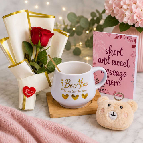 Cute Personalized Love Hamper with Ceramic Mug and Rose Bouquet SK-2889