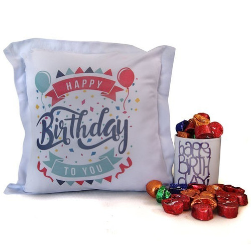 'Happy Birthday' Cushion and Mug With Handmade Chocolates 'Happy Birthday' Cushion and Mug With Handmade Chocolates