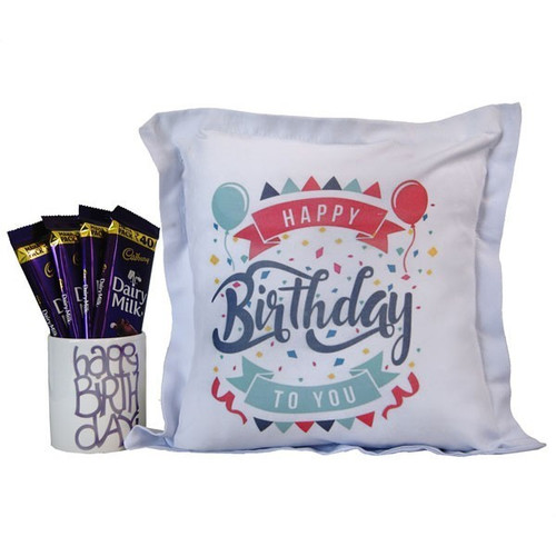 Cadbury Chocolates With 'Happy Birthday' Cushion and Mug