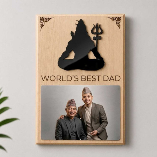 Custom A4 Wooden Father’s Day Plaque with 3D Shiva & Metal Photo Frame SK-2923