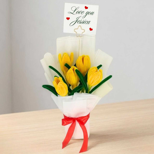 Personalized Yellow Fuzzy Tulip Bouquet Gift Set SK-2927