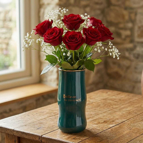 Red Roses in Inspirational Ceramic Vase Gift Set DKG-863