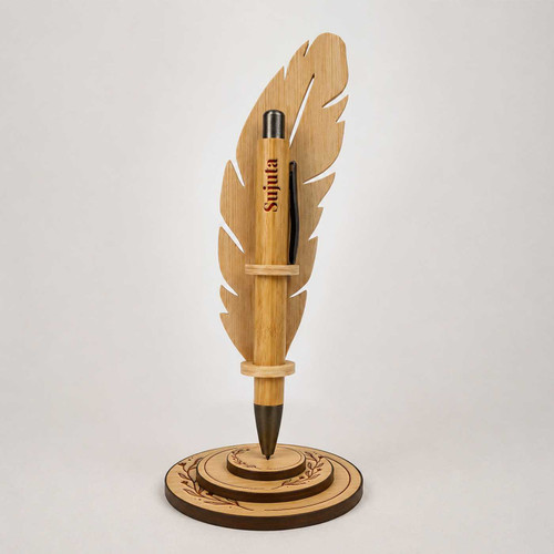 Premium Feather Wooden Pen Holder with Personalized Bamboo Pen SK-2981