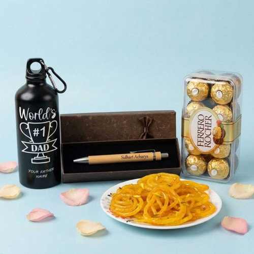 World’s #1 Dad Personalized Gift Hamper With Pen, Bottle & Sweets SK-2993