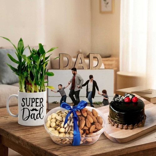 Super Dad Gift Hamper with Cake, Dry Fruits & Photo Frame SK-2997