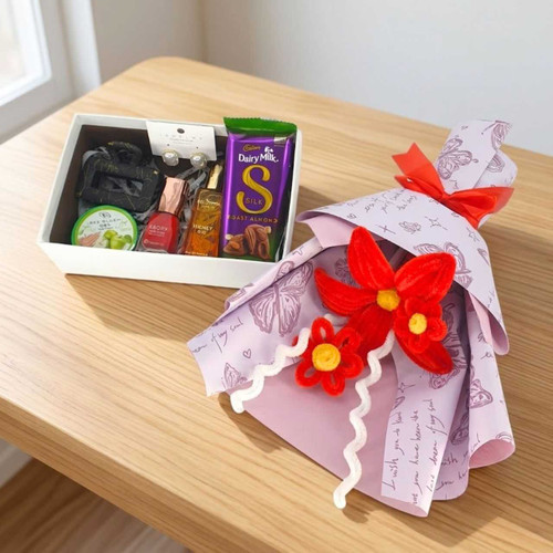 Accessories & Chocolate Gift Box with Fuzzy Flower Bouquet for Her JNK-7303