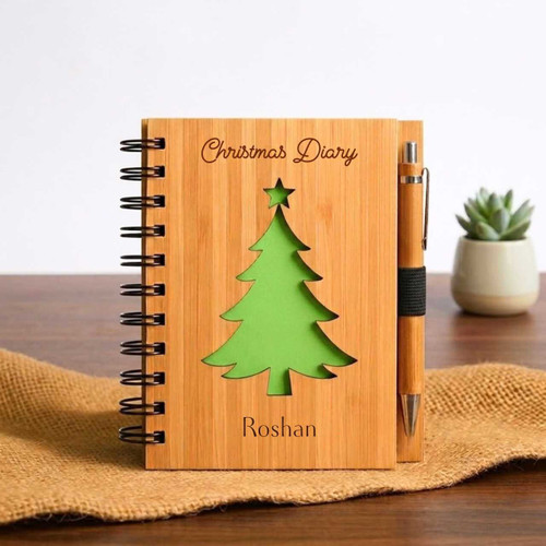 Personalised Christmas Wooden Journal & Bamboo Pen Set SK-3029