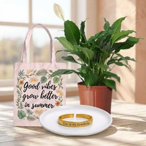 Peace Lily, Tote Bag & Custom Engraved Bracelet Gift Set