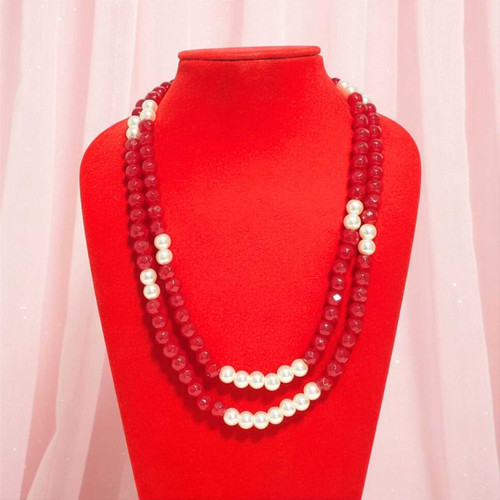 Classic Double-Layer Ruby Red & Pearl Necklace Pote-110