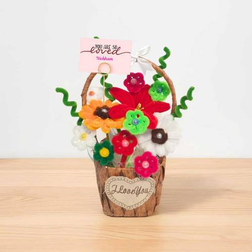 Handcrafted Multicolor Fuzzy Flowers Basket JNK-7348