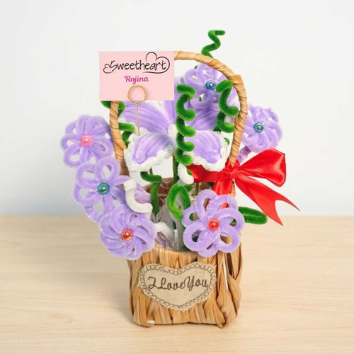 Purple Lily & Mini Fuzzy Flower Basket with Sweetheart Name Printed Card JNK-7349