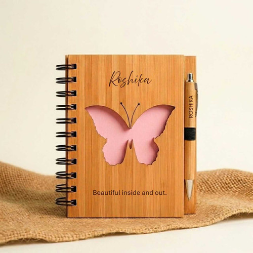 Personalized Wooden Diary with Butterfly Cutout & Bamboo Pen JNK-7353