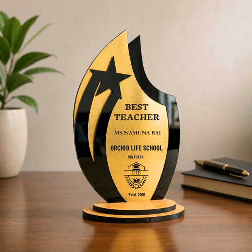 Best Teacher Trophy Award – Custom Engraved Acrylic & Wood Design JNK-7361