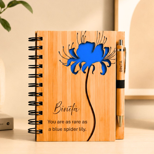 Blue Spider Lily Design with Personalized Name Engraved on Wooden Notebook & Bamboo Pen