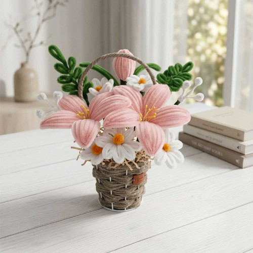 Pink Fuzzy Lily & Mini Flower Gift Basket JNK-7371