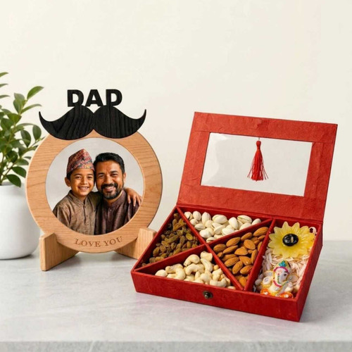 Dry Nuts, Candle & Ganesh Statue Gift Box with Personalized Dad Photo Frame JNK-7372