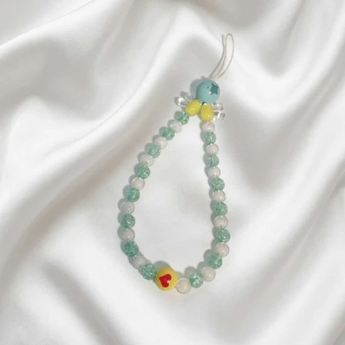 Mint & White Beaded Phone Charm with Heart (Color May Vary) MKH-26
